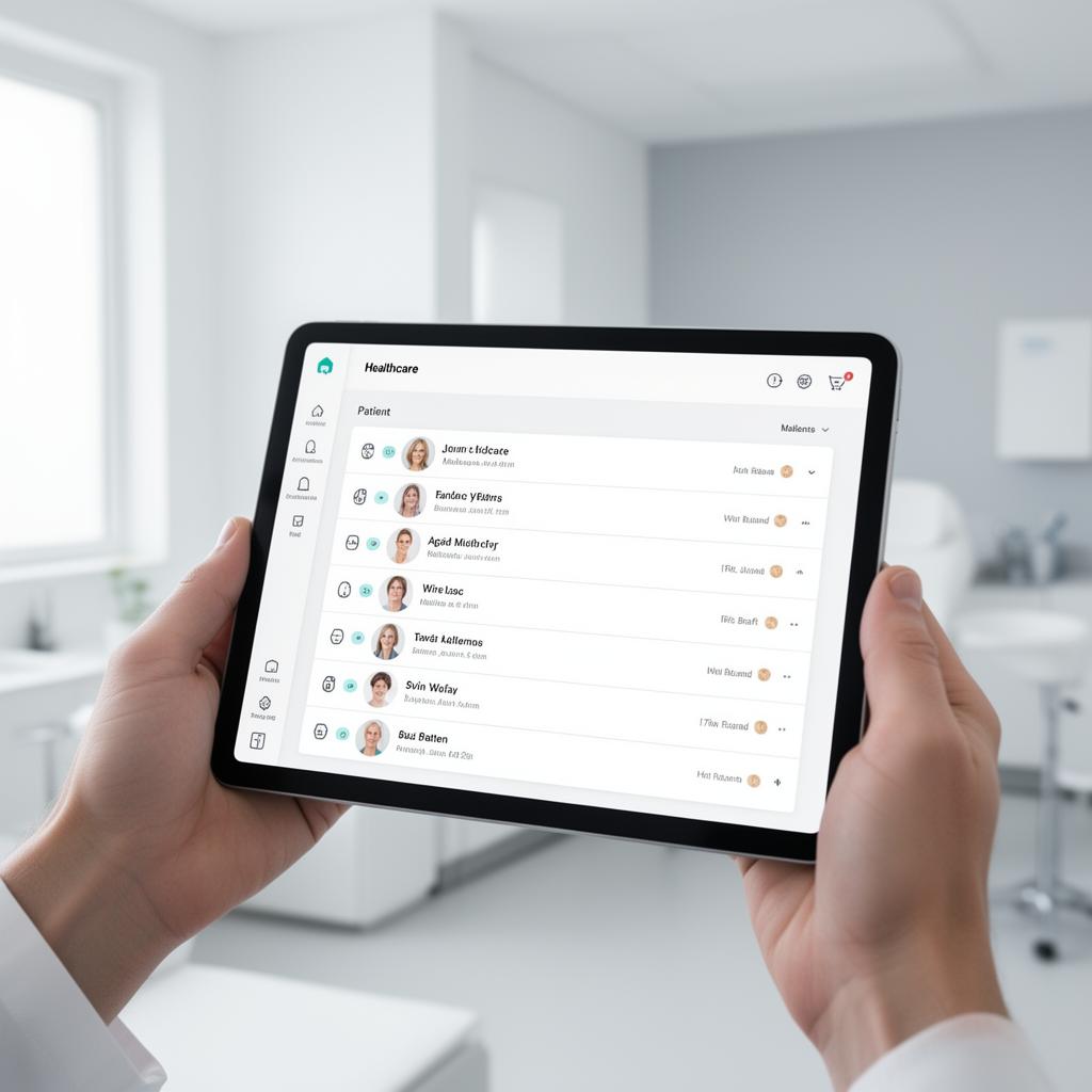 Clinician holding a tablet showing a patient list interface