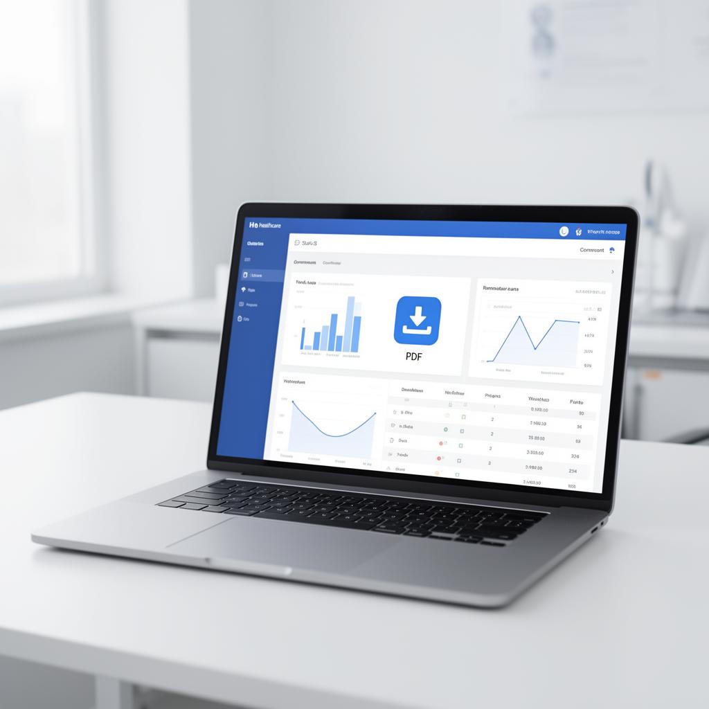 Laptop on a white desk showing a healthcare submission dashboard